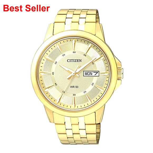 Stainless Steel Gold-Tone Quartz Watch with Day-Date Window